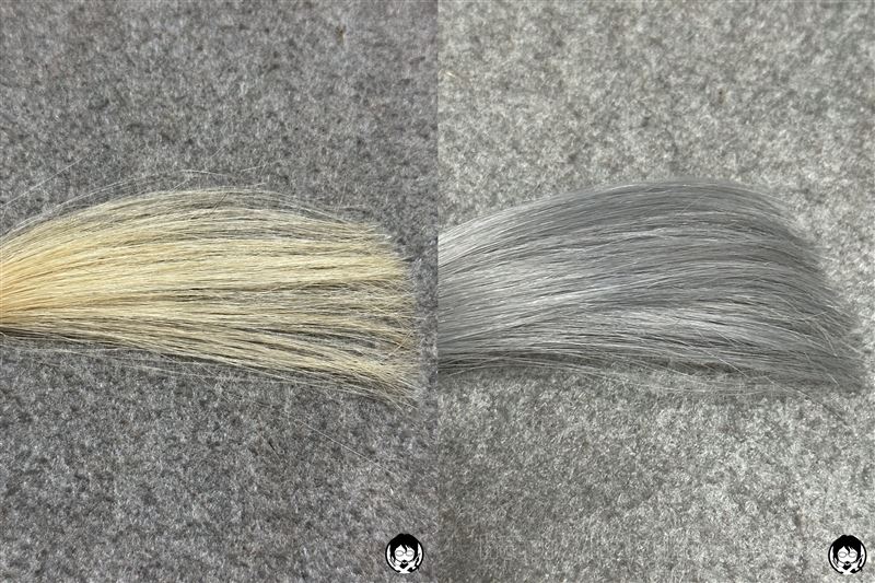 got2b（ゴットゥービー）カラークリーム　グラニーシルバーをパッケージモデルの髪色を目指して染めた色と染める前の髪色の比較