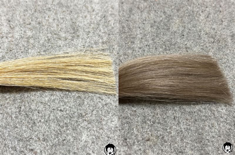 got2b（ゴットゥービー）ボンディング・カラーマスク　プラチナシルバーと金髪の色の比較