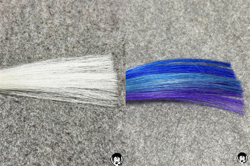 got2b（ゴットゥービー）カラークリーム　カラークリーム レインボーアクア(パープル・ブルー・ターコイズ) と白髪の色の比較