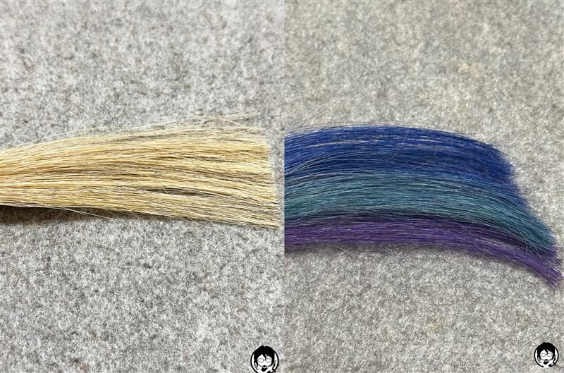 got2b（ゴットゥービー）カラークリーム　カラークリーム レインボーアクア(パープル・ブルー・ターコイズ) と金髪の色の比較