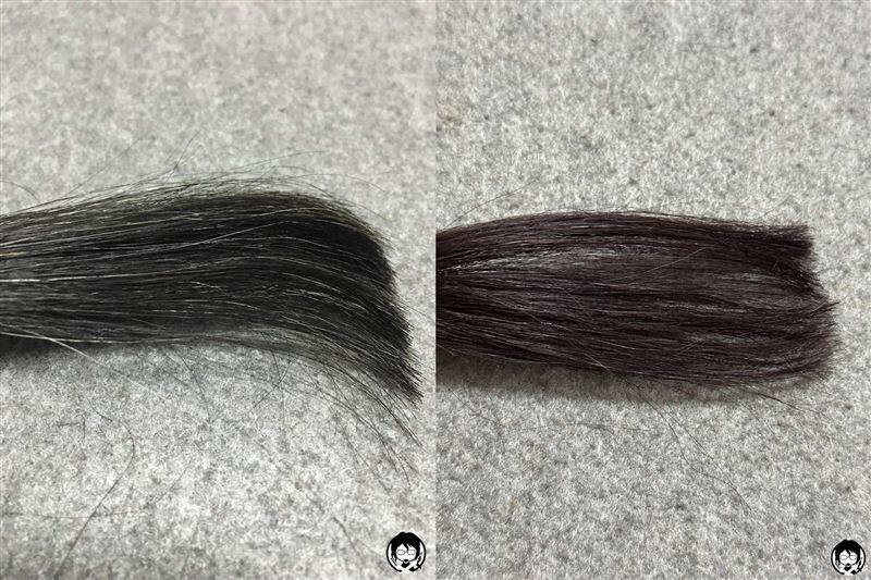 サイオス　イルーセントミルキーヘアカラー 　チェリーピンクと黒髪+白髪10％の色の比較