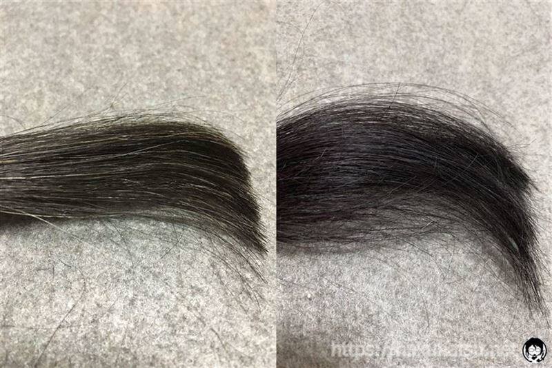 アンナドンナ ドルチェスパイス ヘアカラー(白髪用)パープルを黒髪+白髪10％に染めた髪色比較