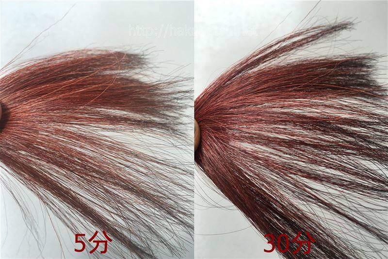 POLAグローイングショットBRカラートリートメントの5分と30分の髪色比較