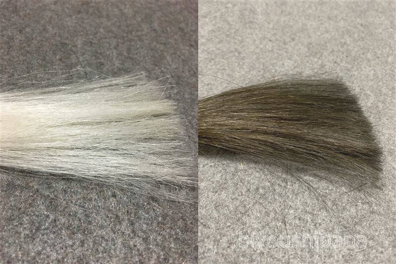 ロレアルパリエクセランスパリクチュール7M ライト アッシュブラウン白髪との色比較