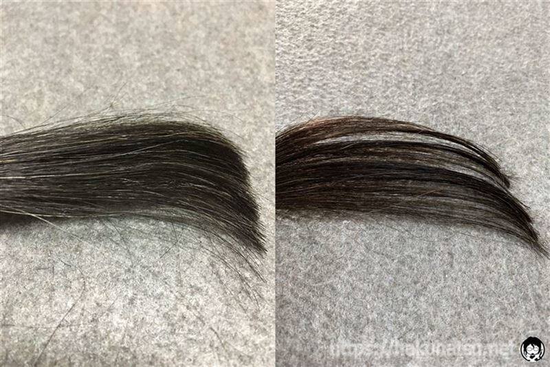 カネボウ　リクイールエッセンスグローカラー　BE3ライトベージュと黒髪+白髪10％に染めた髪色の比較