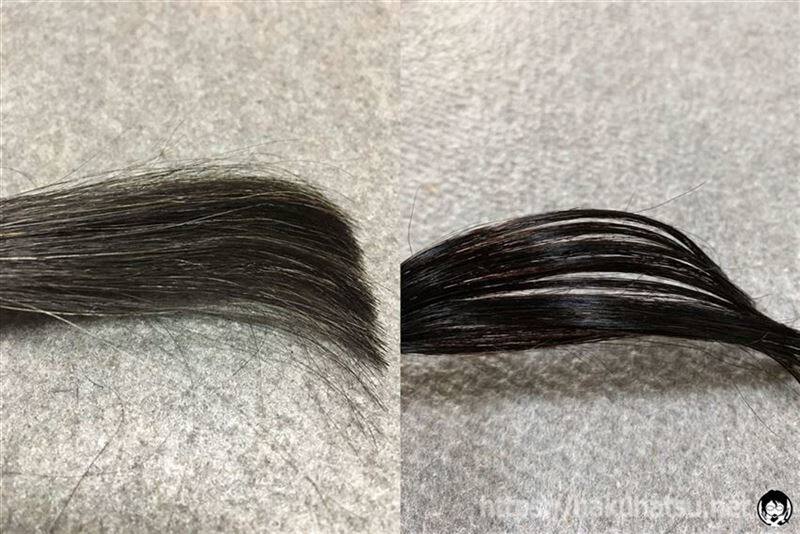 カネボウ　リクイールエッセンスグローカラー　OC4ミディアムブラウンと黒髪+白髪10％の髪色の比較