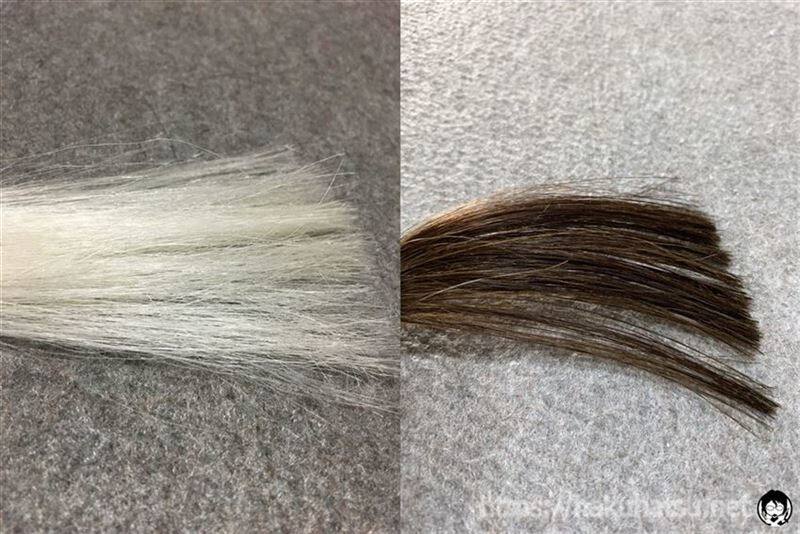 カネボウ　リクイールエッセンスグローカラー　OC4ミディアムブラウンと白髪の色の比較