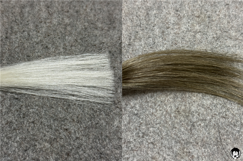 利尻炭酸カラーシャンプー　ダークブラウンと白髪の色比較