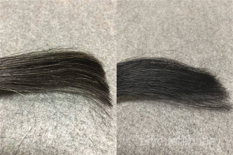 サロンドプロザ・クリームヘアカラー5Aダークアッシュブラウン黒髪との色比較