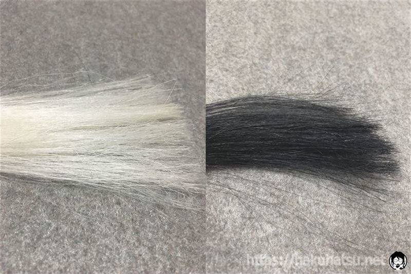 サロンドプロ 無香料ヘアカラー メンズスピーディ 7(自然な黒色)と白髪の色比較