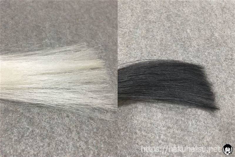 サロン ド プロ ワンプッシュメンズカラー (白髪用) 7  ナチュラルブラックと白髪の色比較