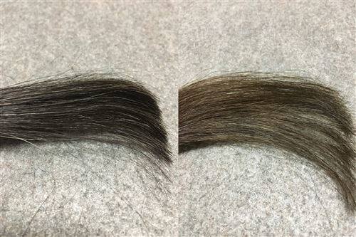 サイオス カラージェニック G01 コットングレージュと黒髪+白髪10％の色の比較