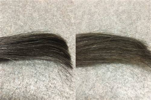 サイオス カラージェニック M02 マットアッシュと黒髪+白髪10％の色の比較