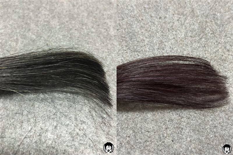 サイオス　イルーセントミルキーヘアカラー 　トワイライトバーガンディと黒髪+白髪10％の色の比較